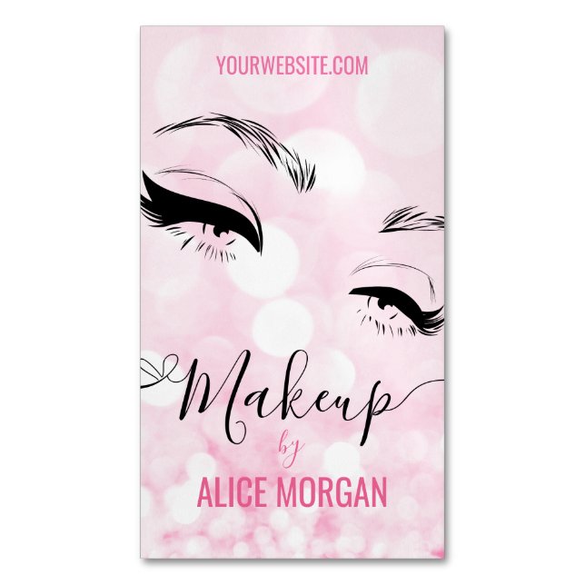 Pink Sparkly Makeup Artist Glamour Bokeh Sequin QR Business Card Magnet (Front Vertical)