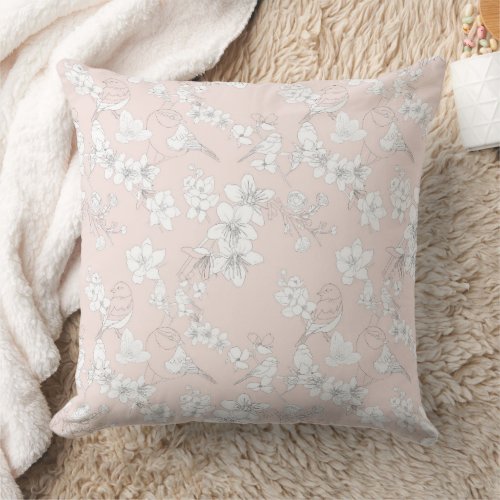Pink sparrow flower pattern throw pillow