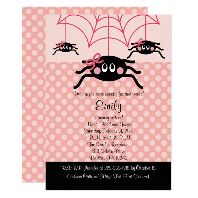 Pink Spider Halloween Birthday Invitations