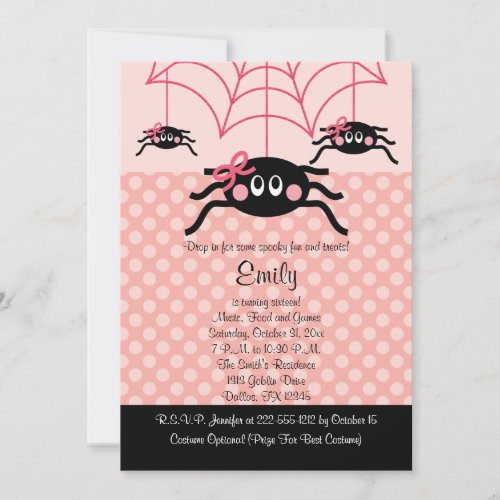 Pink Spider Halloween Birthday Invitations