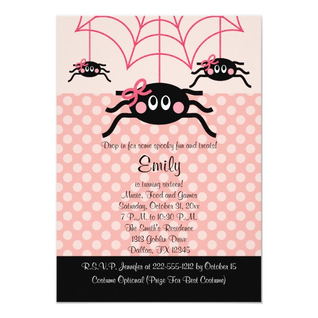 Pink Spider Halloween Birthday Invitations
