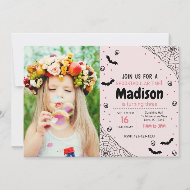 Pink Spider Halloween Birthday Invite with photo (Front)