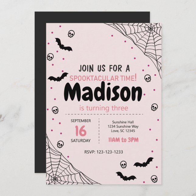 Pink Spider Web Halloween Birthday Invite (Front/Back)