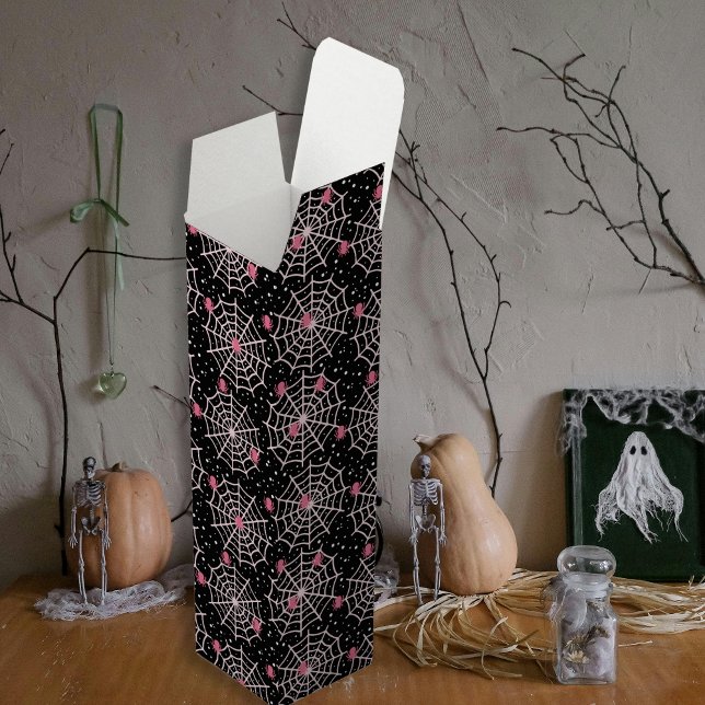 Pink Spider Web Halloween Pattern on Black Wine Box (Happy Halloween pink spider web Wine Box)