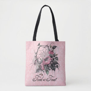 Pink Spider Web with Roses Trick or Treat Tote Bag