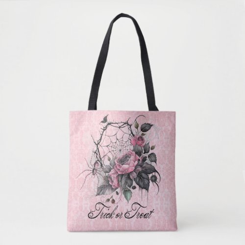 Pink Spider Web with Roses  Trick or Treat Tote Bag