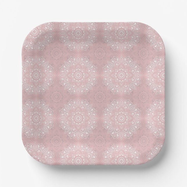 Pink spiritual Indian mandala pattern Paper Plates (Front)