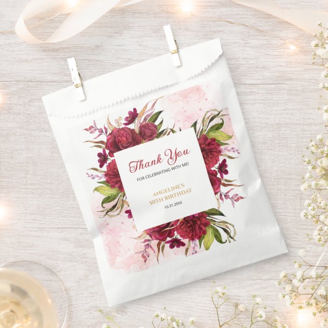 Pink Splash Burgundy Dahlia Rose Birthday Favor Bag (Clipped)