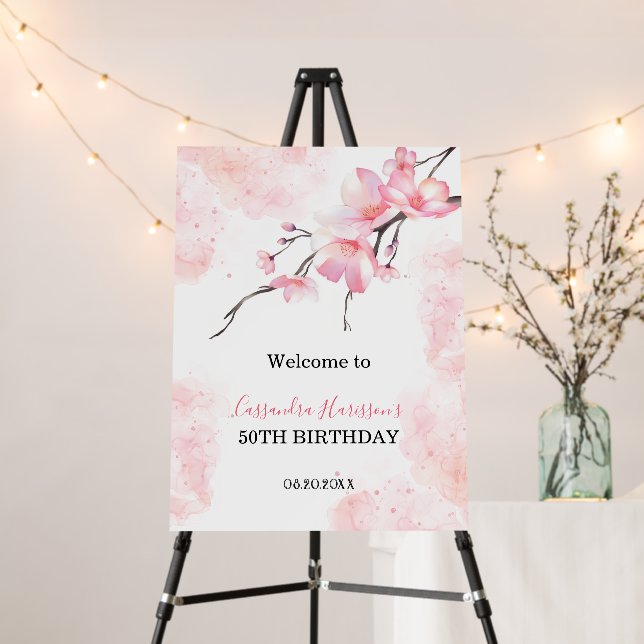 Pink Splash Cherry Blossom Floral Birthday Foam Board (In Situ (Stand))