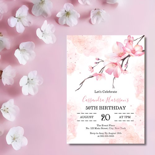 Pink Splash Cherry Blossom Floral Birthday Invitation