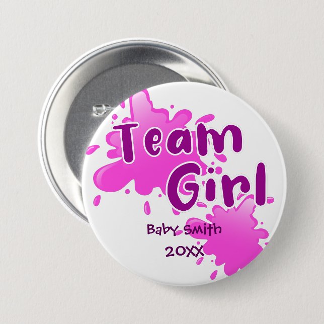 Pink Splash Gender reveal Team Girl pink Button (Front & Back)