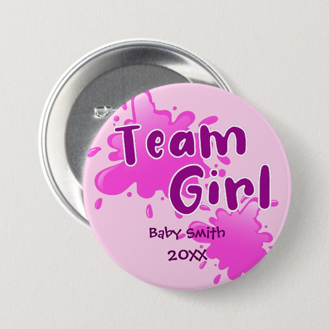Pink Splash Gender reveal Team Girl pink Button (Front & Back)