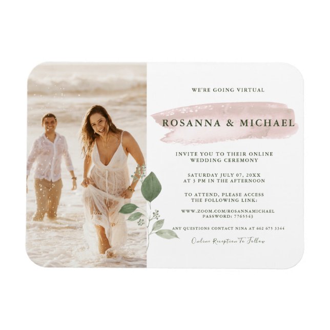 Pink Splash Watercolor Greenery Virtual Wedding  Magnet (Horizontal)