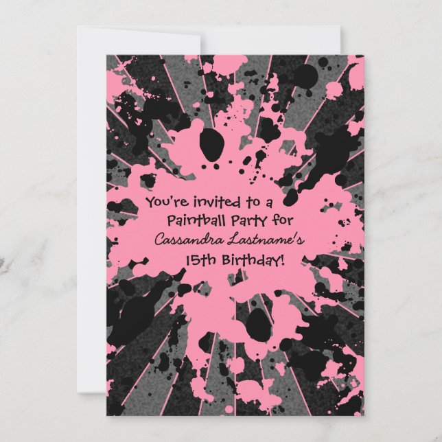 Pink splatter paintball birthday invitation (Front)