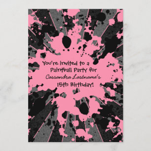 Pink splatter paintball birthday invitation