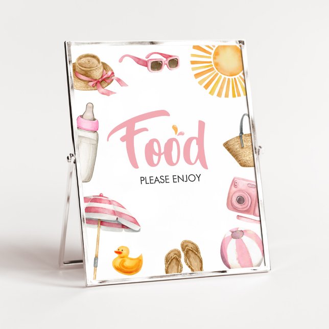 Pink Splish Splash Baby Shower Food Poster (Girl Summer Beach Baby Shower Food Sign)