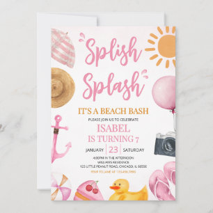 Pink Splish Splash Beach Bash Birthday Invitation