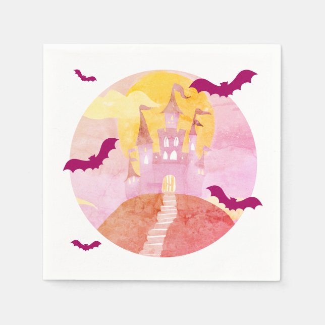 Pink Spooky Castle on Hill Halloween Party Napkins (Front)