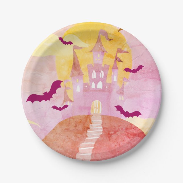 Pink Spooky Castle on Hill Halloween Party Paper Plates (Front)