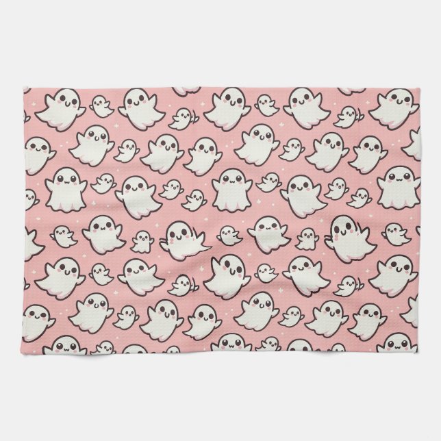 Pink Spooky Ghost Pattern Halloween Kitchen Towel (Horizontal)
