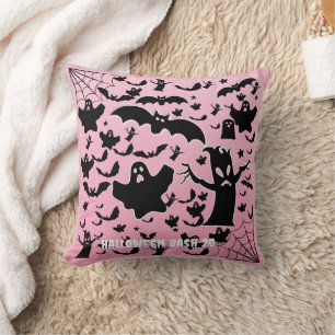 Pink Spooky Ghosts Bats and Webs Halloween Design Throw Pillow