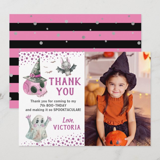 Pink Spooky Girl Halloween Photo Thank You Card (Front/Back)
