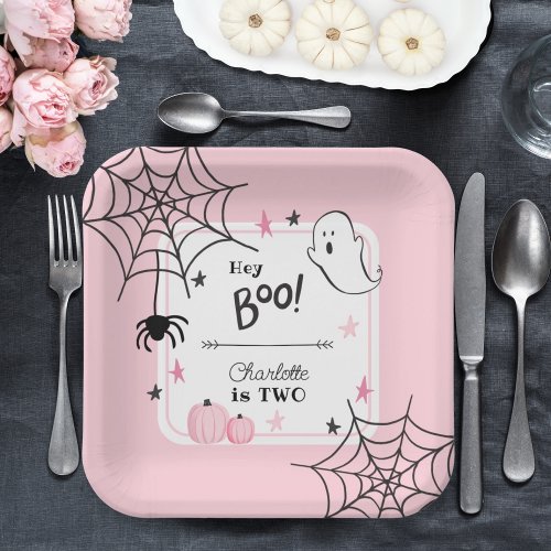 Pink Spooky Halloween Cute Ghost 2nd Birthday Paper Plates