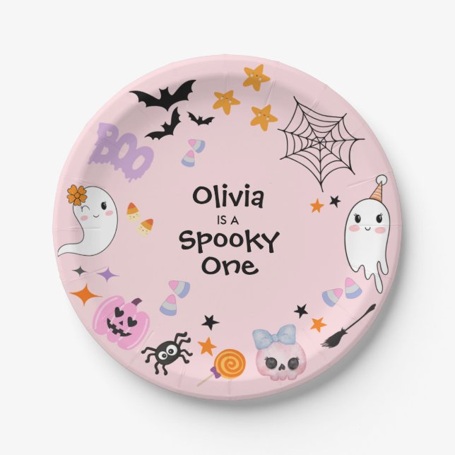 Pink Spooky One Cute Ghost Halloween 1st Birthday  Paper Plates (Front)