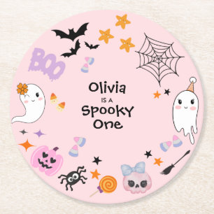 Pink Spooky One Cute Ghost Halloween 1st Birthday Round Paper Coaster