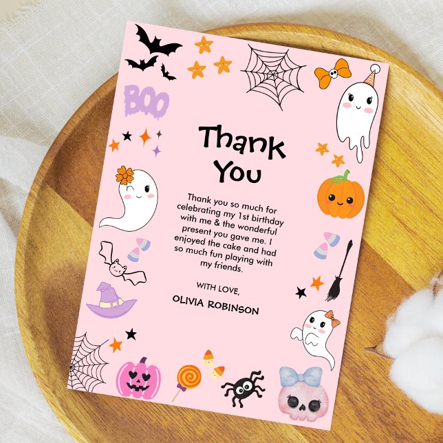 Pink Spooky One Cute Ghost Halloween 1st Birthday Thank You Card (Pink Spooky One Cute Ghost Girl Halloween 1st Birthday Thank You Card )