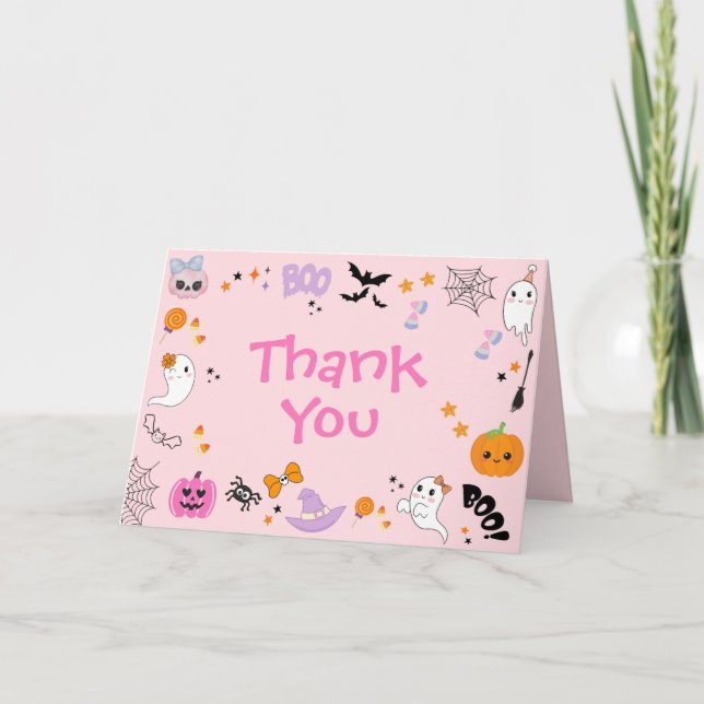 Pink Spooky One Cute Ghost Halloween 1st Birthday Thank You Card (Front)