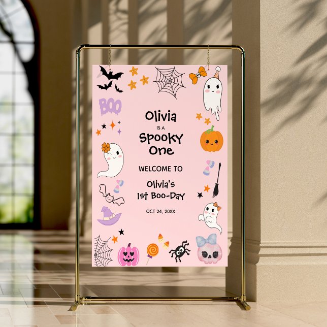 Pink Spooky One Halloween 1st Birthday Welcome  Poster (Pink Spooky One Cute Ghost Halloween 1st Birthday Welcome Sign )