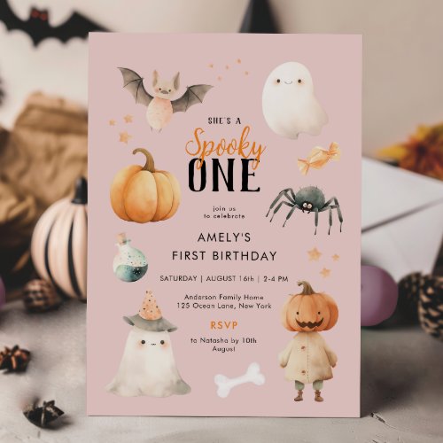 Pink Spooky One Halloween Birthday Invitation