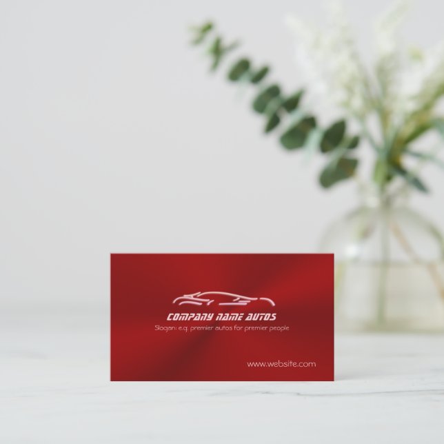 Pink Sports Auto on Rich Crimson Metallic Effect Business Card (Standing Front)