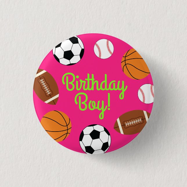 Pink Sports Birthday Party Button (Front)