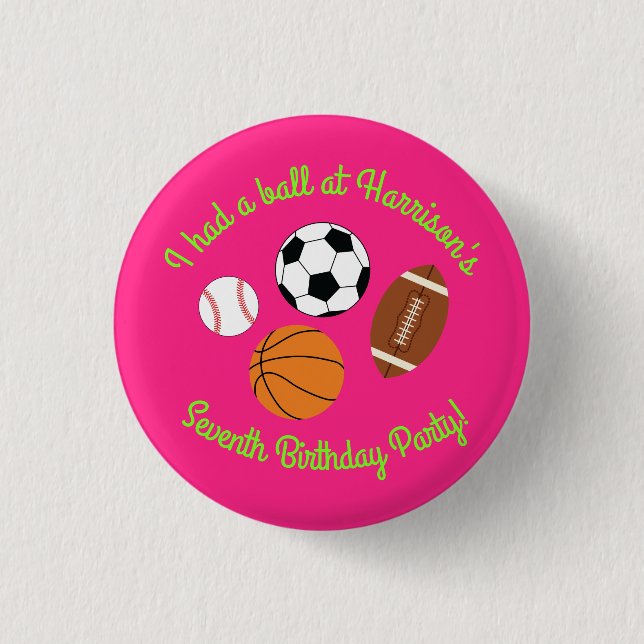 Pink Sports Birthday Party Button (Front)
