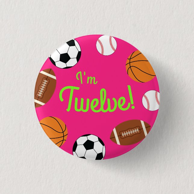 Pink Sports Birthday Party Button (Front)