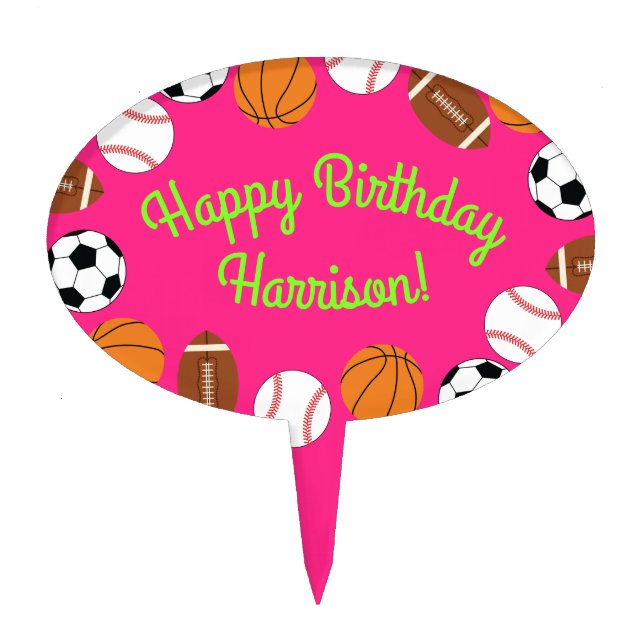 Pink Sports Birthday Party Cake Topper (Front)