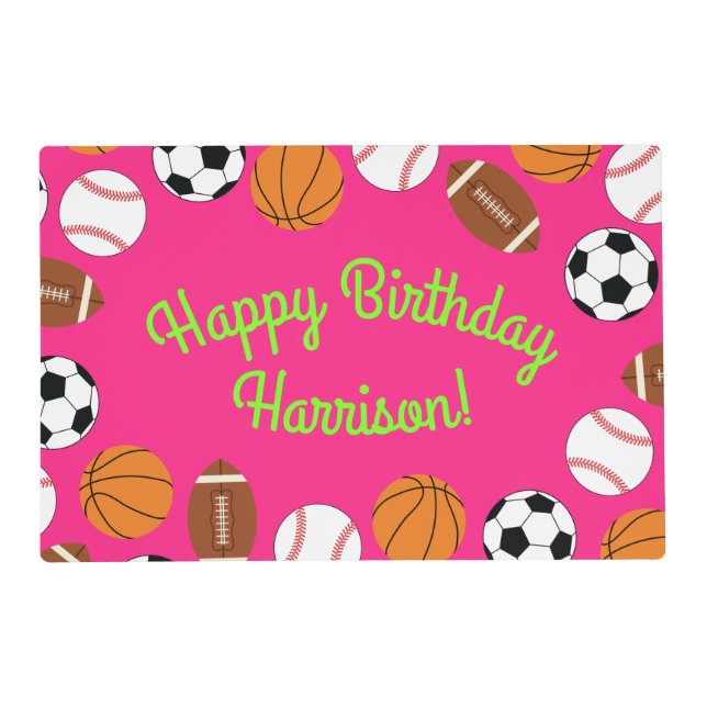 Pink Sports Birthday Party Placemat (Front)