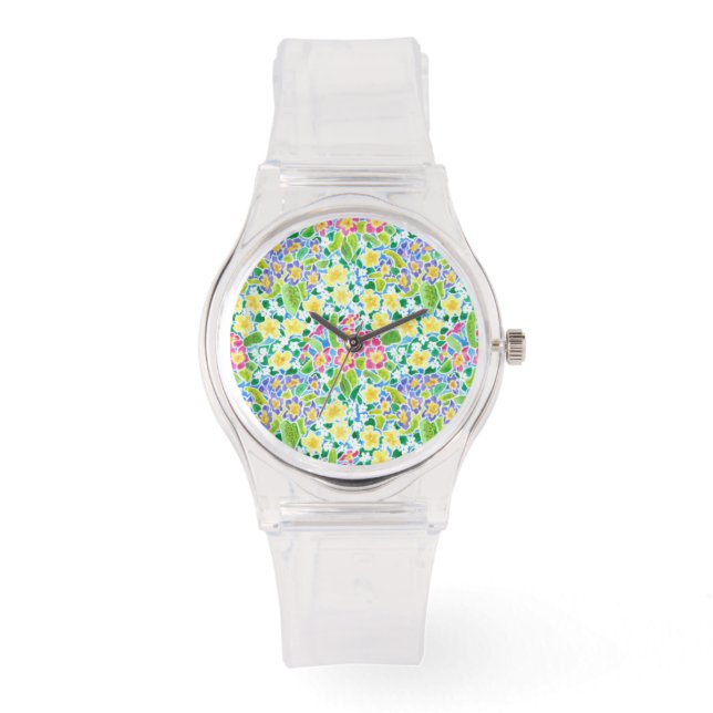 Pink Sporty Watch with Pretty Primroses Pattern (Front)