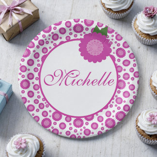 Pink Spotted Flower & Script Text Party Plate