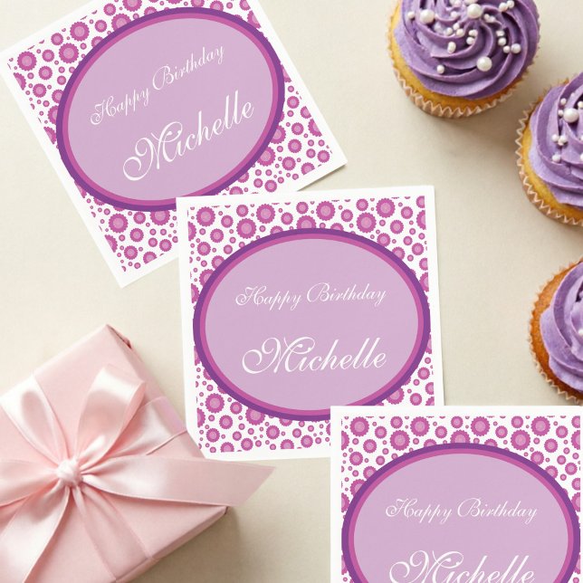 Pink Spotted Flowered Napkin With Script Text (Napkins that pop. Custom script text in a bold lavender oval with playful pink flowers all around.)
