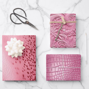 Pink Spotted Pink Leather Look Wrapping Paper Sheets