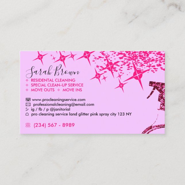 Pink Spray Purple Maid Cleaning House Sparkling Business Card (Back)