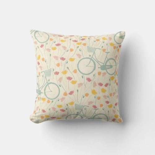 Pink Spring Bicycle Flowers Poppies Pattern Throw Pillow