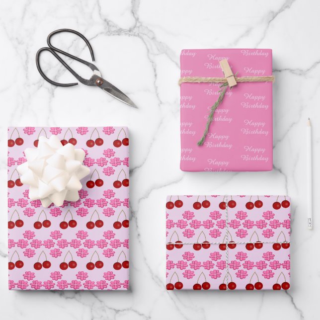 Pink Spring Birthday Cherry blossom and cherries Wrapping Paper Sheets (Front)