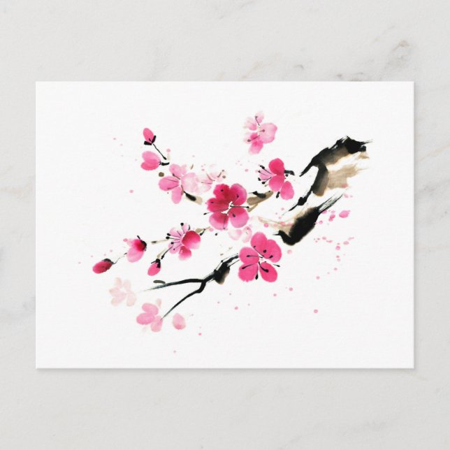 Pink spring bloom. Сalligraphic Ink painting Postcard (Front)