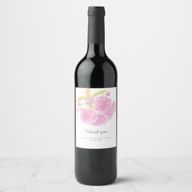 Pink spring blossom art wedding thank you favors wine label (Front)