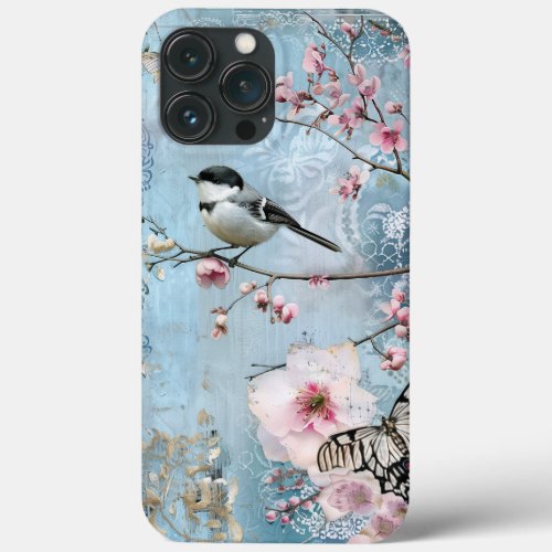 Pink Spring Blossoms Decoupage Shabby Chic Bird iPhone 13 Pro Max Case
