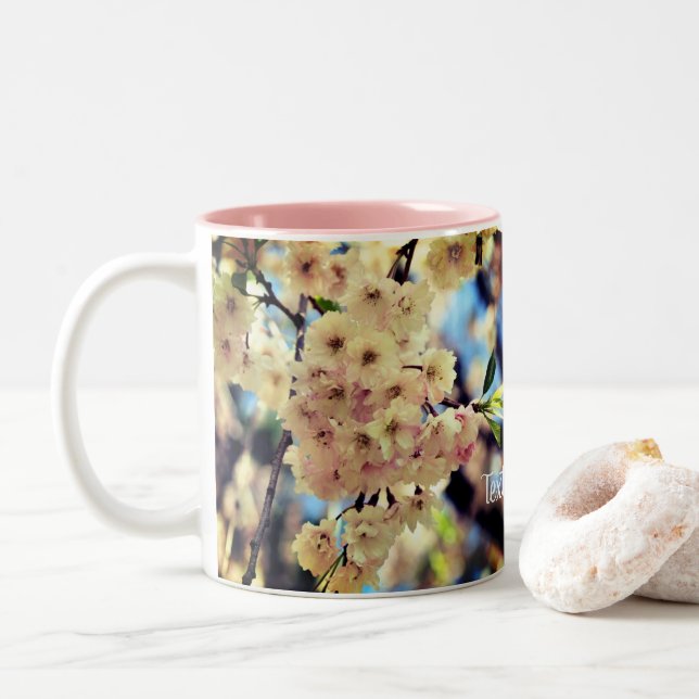 Pink Spring Blossoms Personalized Two-Tone Coffee Mug (With Donut)